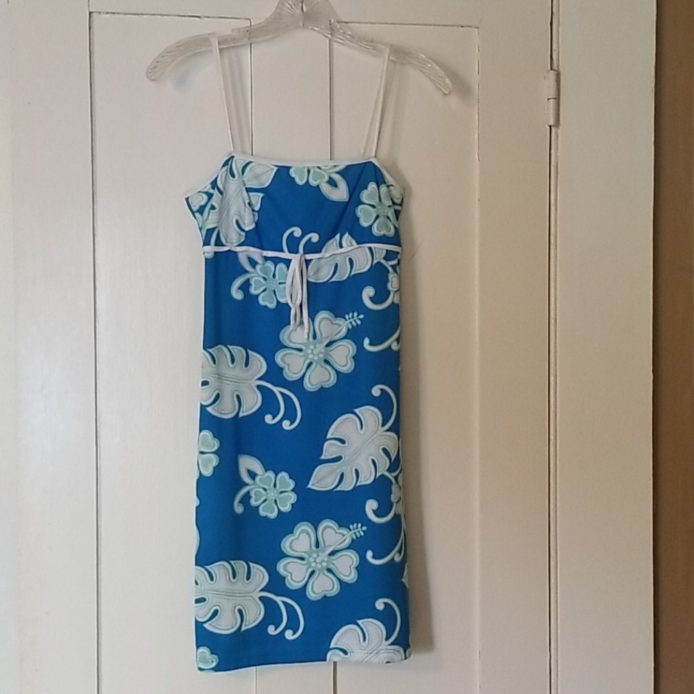 Blue floral tropical mini dress